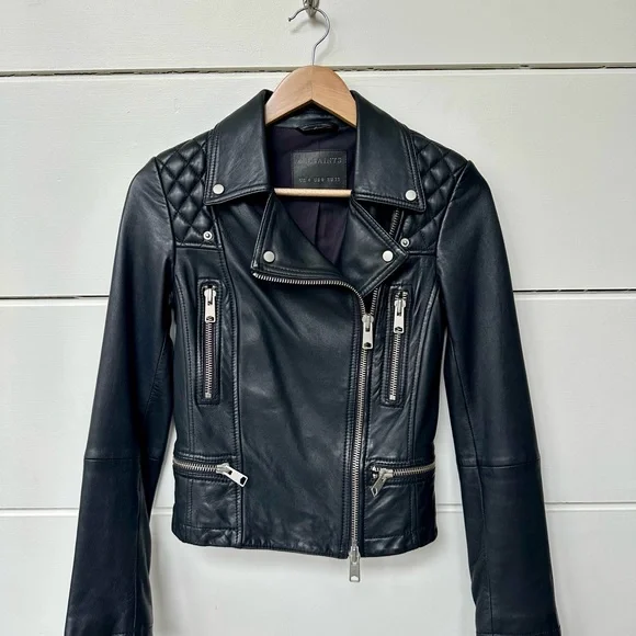 AllSaints Black Quilted Leather Moto Jacket - Picture 1 of 6